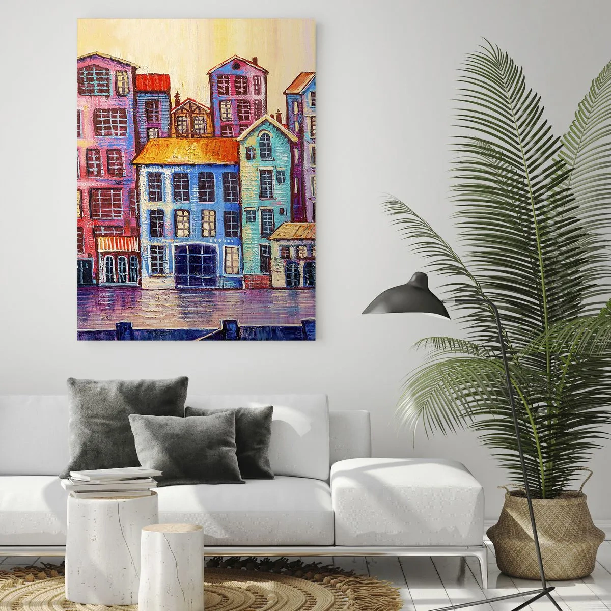 Impression sur verre - Image sur verre - Des immeubles colorés se reflètent dans l'eau - 50x70cm - Une ville comme dans un conte de fées - Décoration murale moderne pour le salon et la chambre ARTTOR