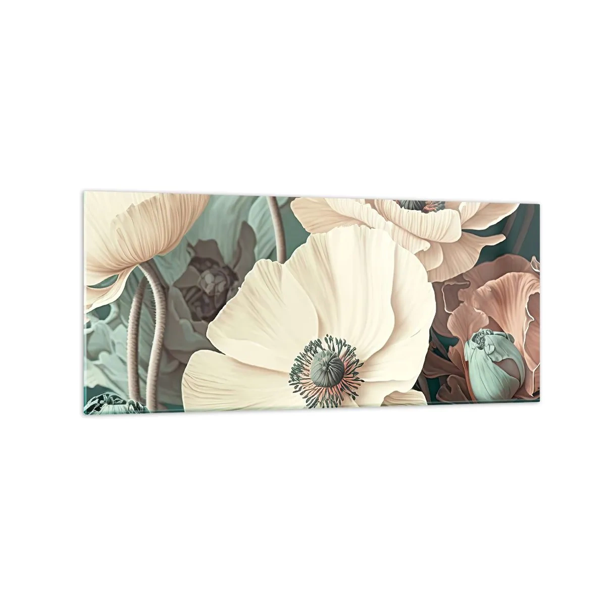 Impression sur verre - Image sur verre - Fleurs élégantes aux tons pastel sur fond vert - 120x50cm - Le murmure des coquelicots - Décoration murale moderne pour le salon et la chambre ARTTOR