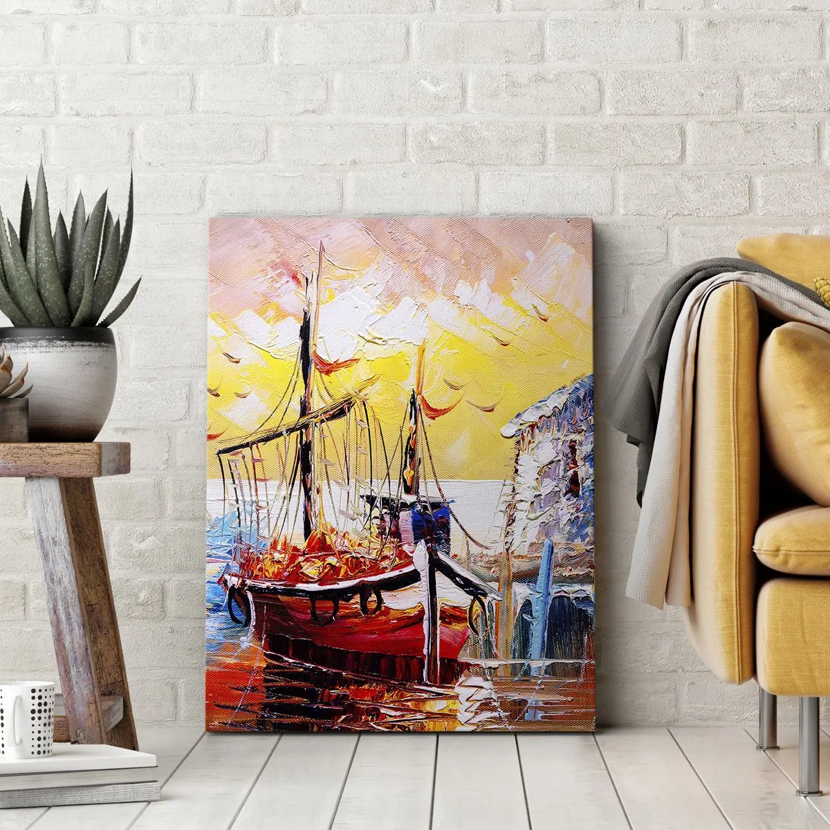 Impression sur toile - Image sur toile - Port pittoresque au coucher du soleil avec des bateaux de pêche - 50x70cm - Bon retour - Décoration murale moderne pour le salon et la chambre ARTTOR