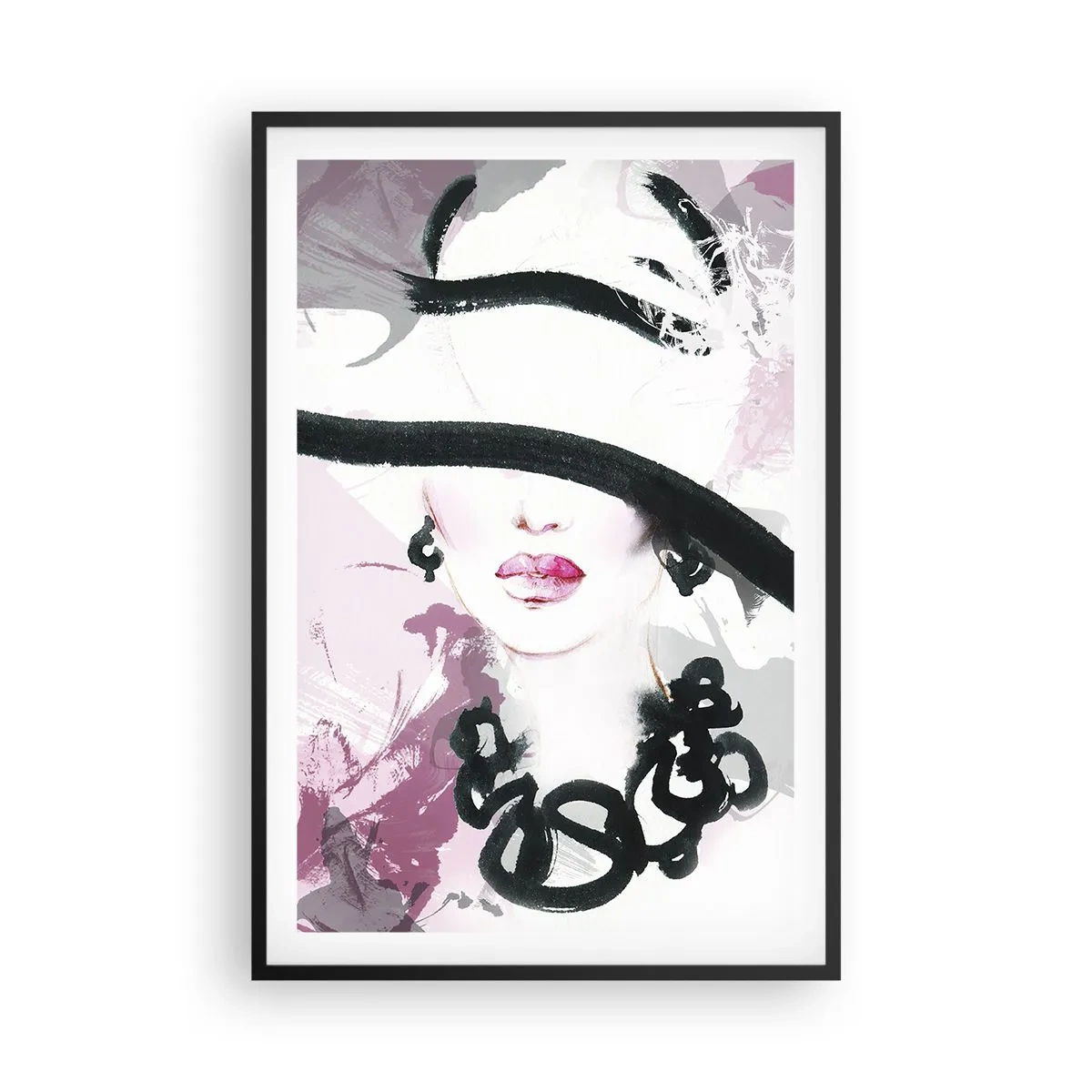 Affiche dans un cadre noir - Poster - Portrait d'une dame en noir et rose - 61x91 cm