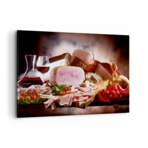 Impression sur toile - Image sur toile - Charcuterie au vin sur fond rustique - 120x80cm - Un rêve culinaire avec une carafe - Décoration murale moderne pour le salon et la chambre ARTTOR
