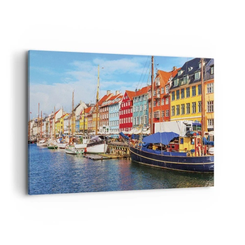 Impression sur toile - Image sur toile - Maisons colorées sur le canal avec des bateaux au soleil - 100x70cm - Quai joyeux - Décoration murale moderne pour le salon et la chambre ARTTOR