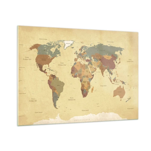 Impression sur verre - Image sur verre - Une carte du monde dans les tons beige et marron sur un fond vintage. - 100x70cm - Pour vous - le monde entier - Décoration murale moderne pour le salon et la chambre ARTTOR