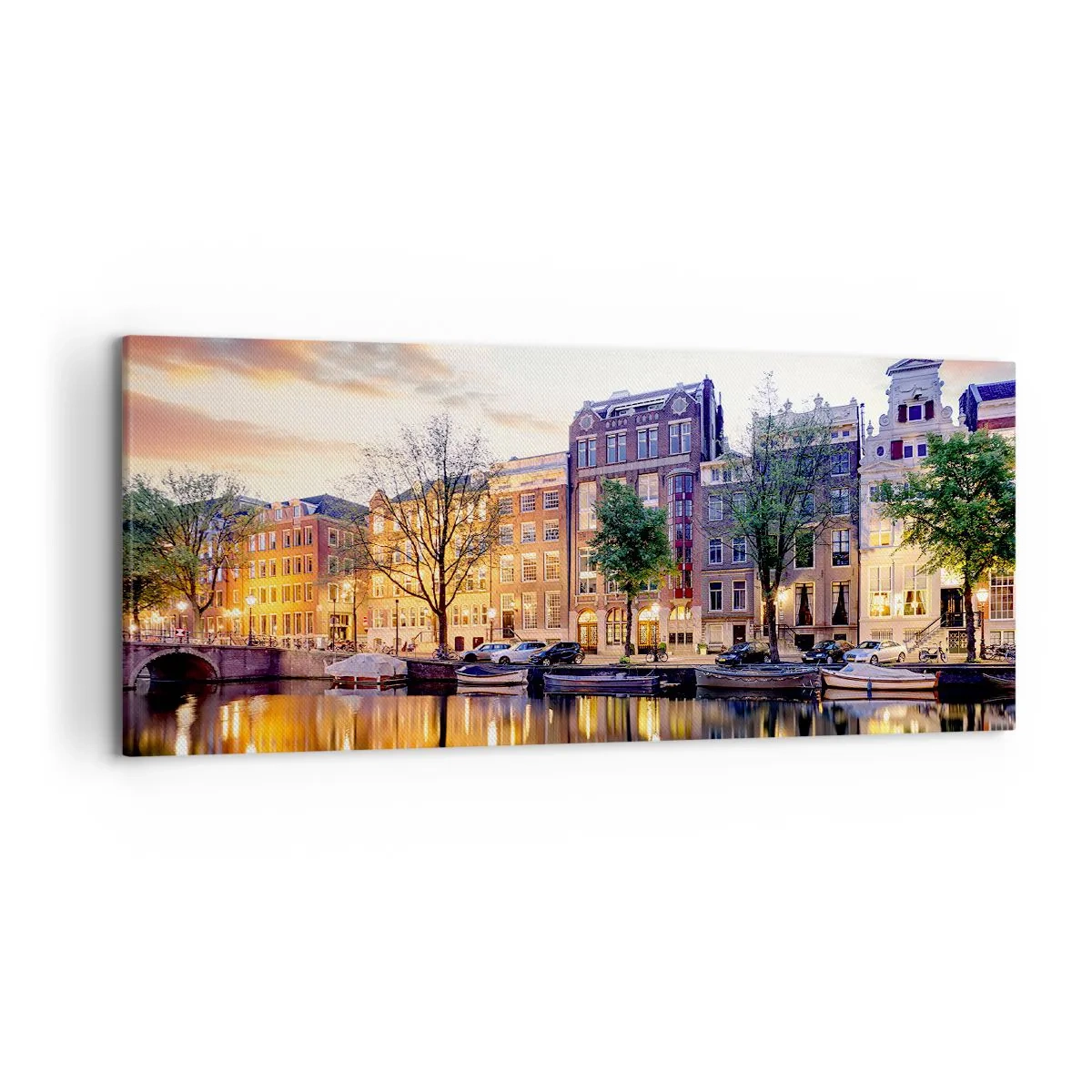 Impression sur toile - Image sur toile - Canal avec reflet des immeubles d'habitation dans la lumière du soir - 120x50cm - Beauté hollandaise sobre et sereine - Décoration murale moderne pour le salon et la chambre ARTTOR