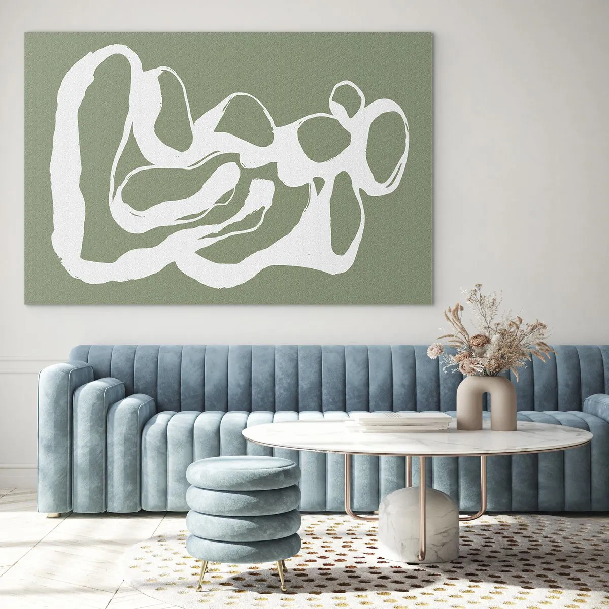 Impression sur verre - Image sur verre - Forme organique blanche abstraite sur fond olive - 100x70cm - L'appel de l'espace - Décoration murale moderne pour le salon et la chambre ARTTOR