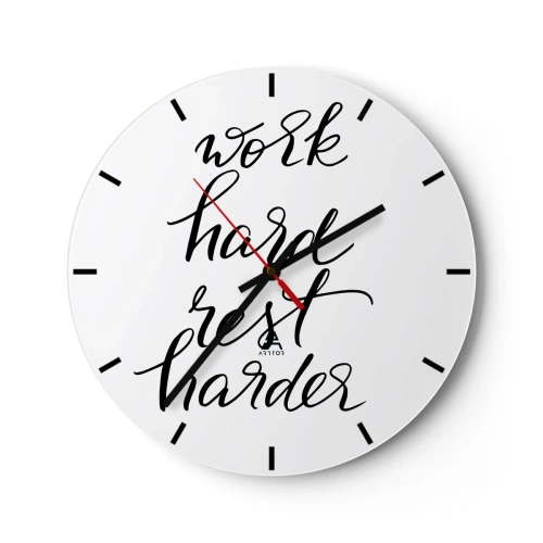 Horloge murale - Pendule murale - Inscription en noir et blanc « Travaillez dur, reposez-vous plus dur » sur fond blanc - 30x30cm - Équilibre de vie - Décoration murale moderne pour le salon, la cuisine et la chambre ARTTOR