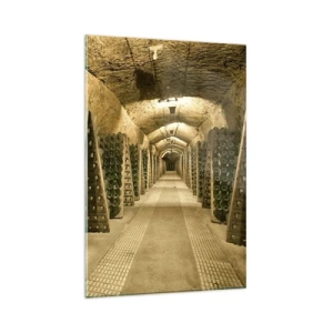 Impression sur verre - Image sur verre - Un vignoble avec une cave remplie de bouteilles de vin exposées sur des étagères en bois. - 80x120cm - L'éveil du goût - Décoration murale moderne pour le salon et la chambre ARTTOR