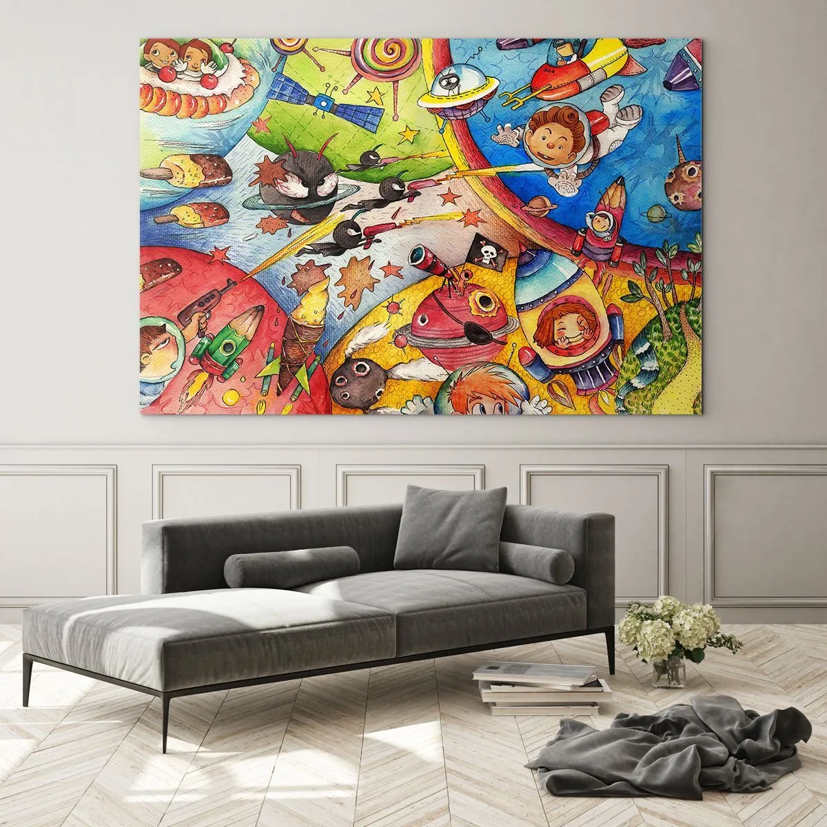 Impression sur verre - Image sur verre - Une illustration colorée d'une aventure spatiale pour les enfants - 120x80cm - Grande aventure spatiale - Décoration murale moderne pour le salon et la chambre ARTTOR