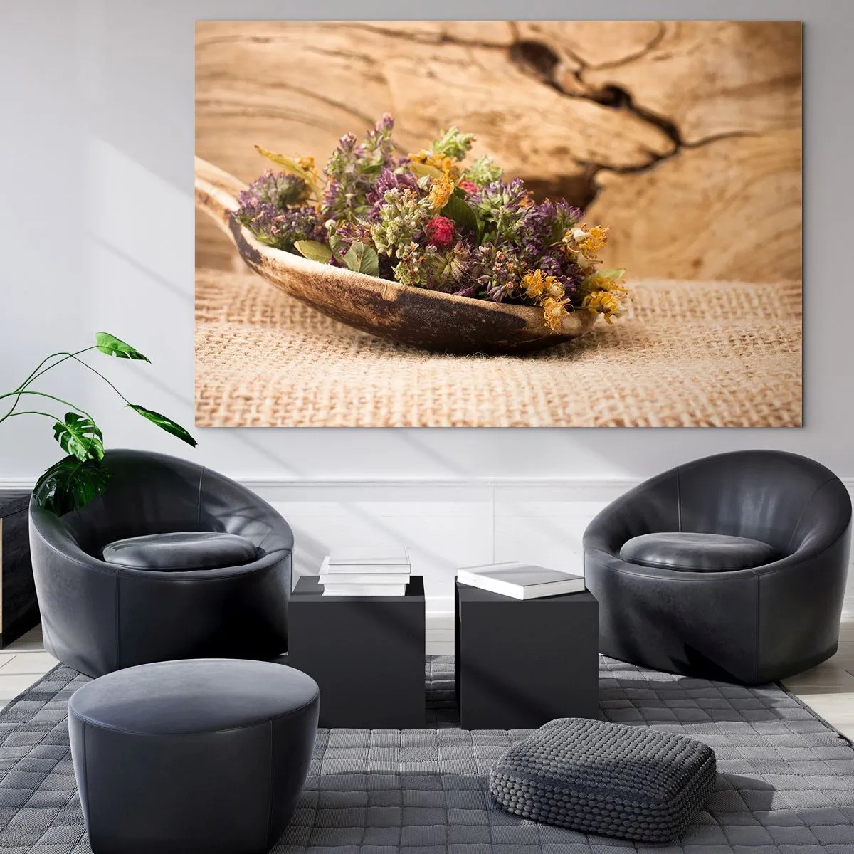 Impression sur verre - Image sur verre - Herbes séchées dans une cuillère en bois sur un fond rustique - 120x80cm - Fleurs colorées et herbes parfumées - Décoration murale moderne pour le salon et la chambre ARTTOR