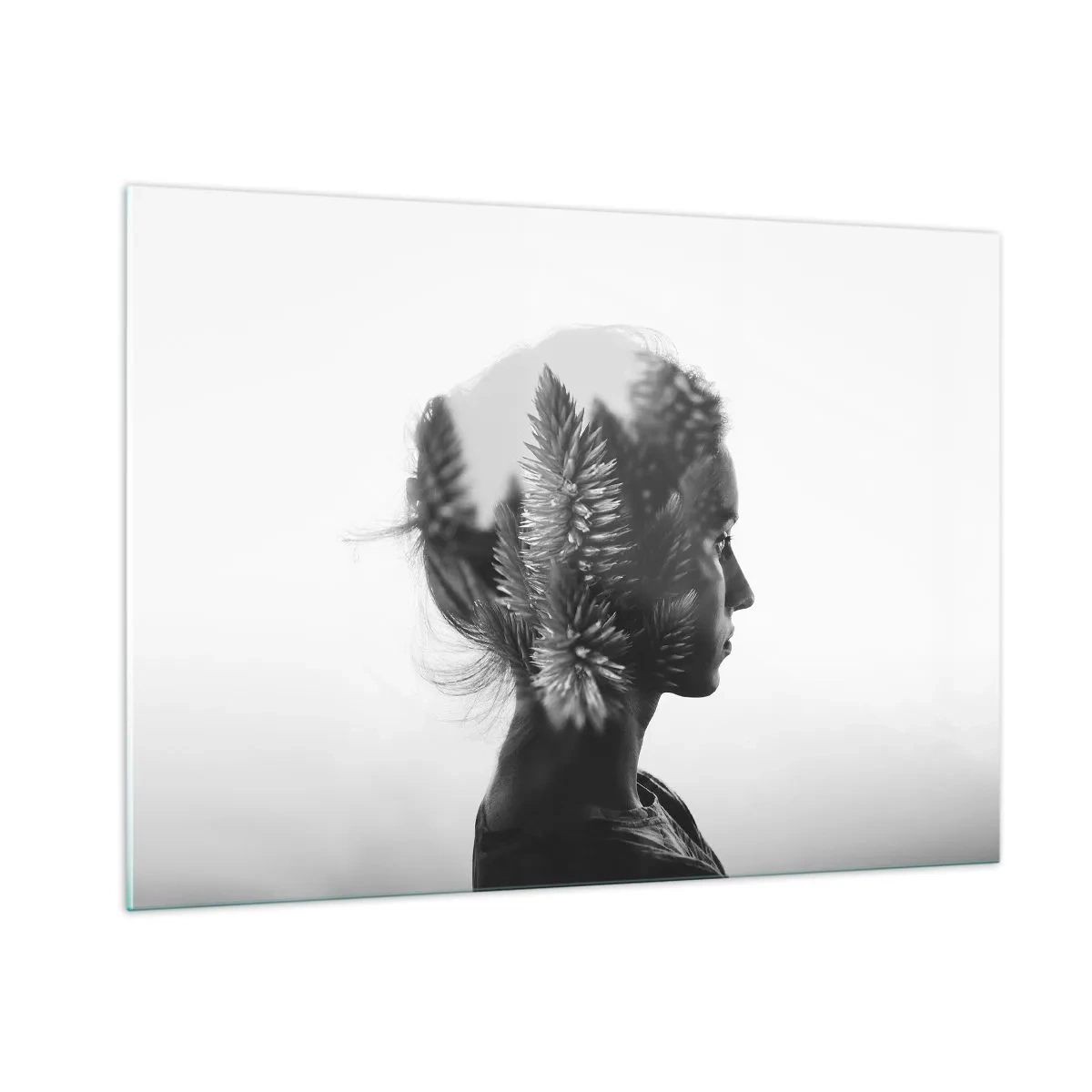 Impression sur verre - Image sur verre - Une femme en noir et blanc avec un motif de forêt de conifères superposé - 100x70cm - Dame de la pinède - Décoration murale moderne pour le salon et la chambre ARTTOR