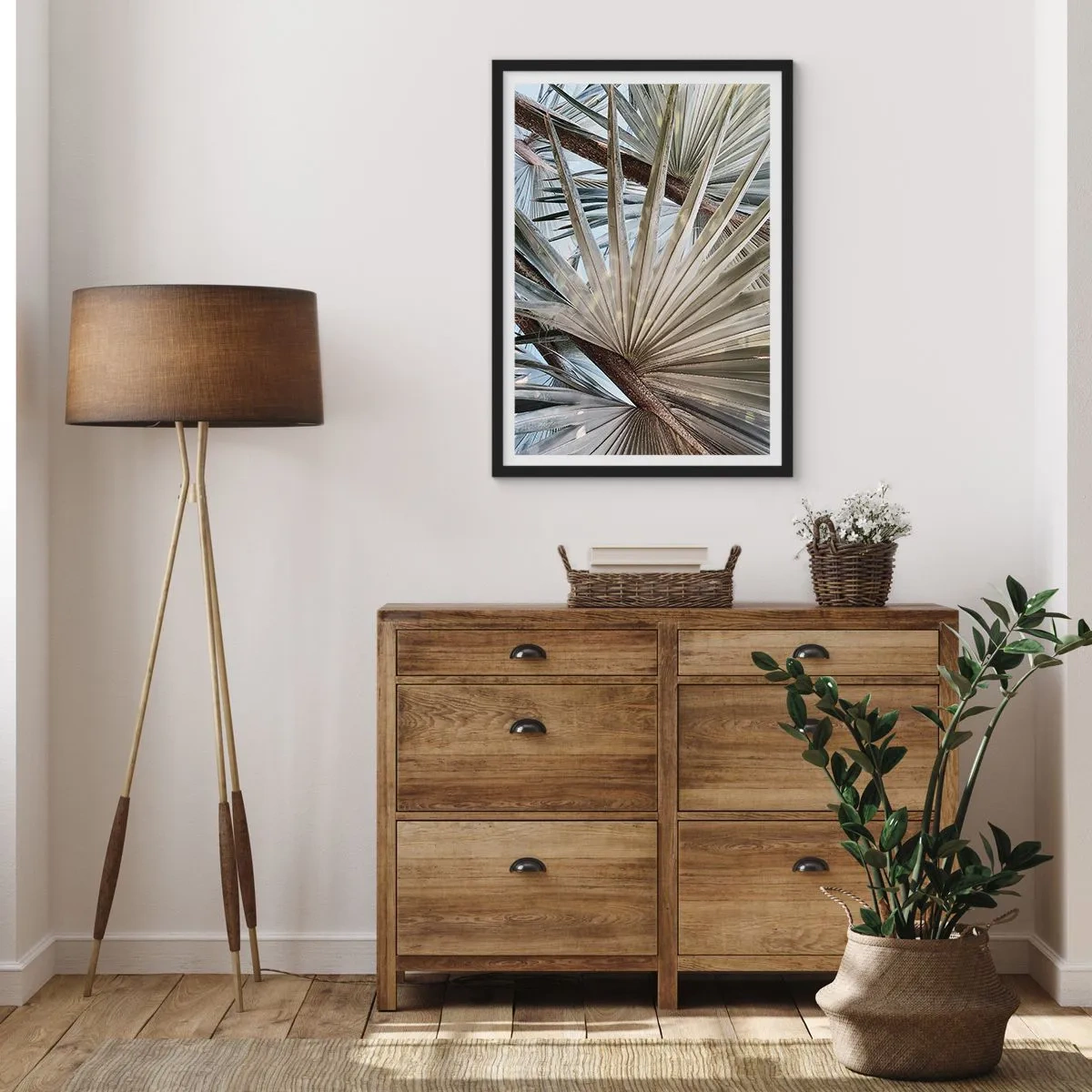 Affiche dans un cadre noir - Poster - Gros plan de feuilles de palmier aux tons pastel - 50x70cm - Evantail sous les tropiques - Décoration murale moderne pour le salon et la chambre ARTTOR