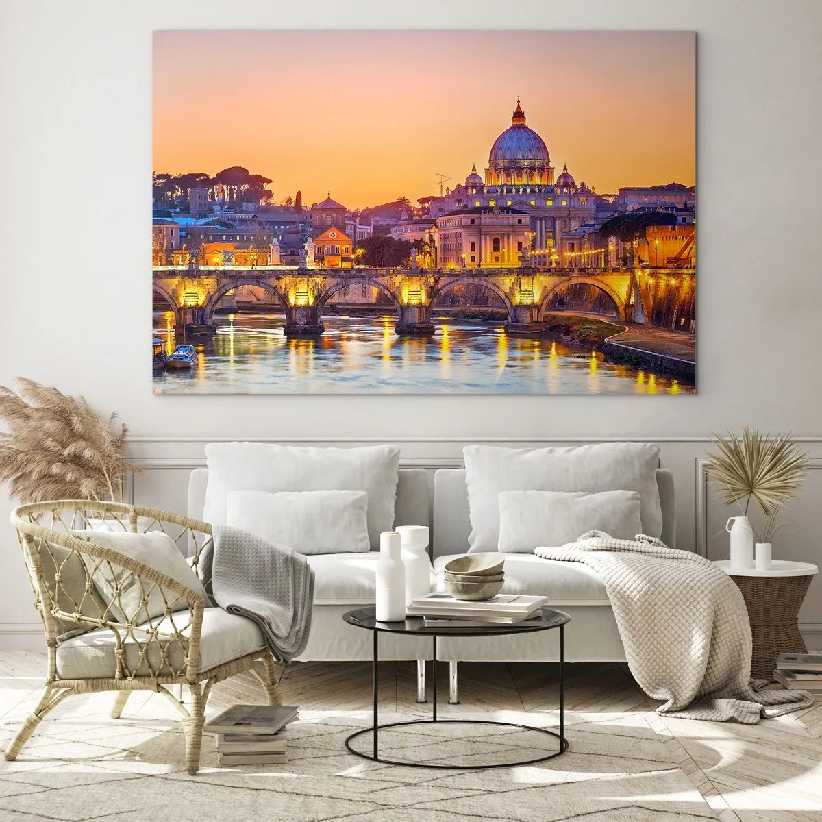 Impression sur verre - Image sur verre - Pont et basilique à Rome au coucher du soleil - 120x80cm - Coucher de soleil sur la ville éternelle - Décoration murale moderne pour le salon et la chambre ARTTOR