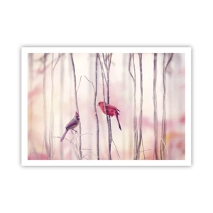 Affiche - Poster - Un couple de cardinaux perchés sur des branches dans un paysage pastel - 100x70cm - Conte de la forêt rose - Décoration murale moderne pour le salon et la chambre ARTTOR