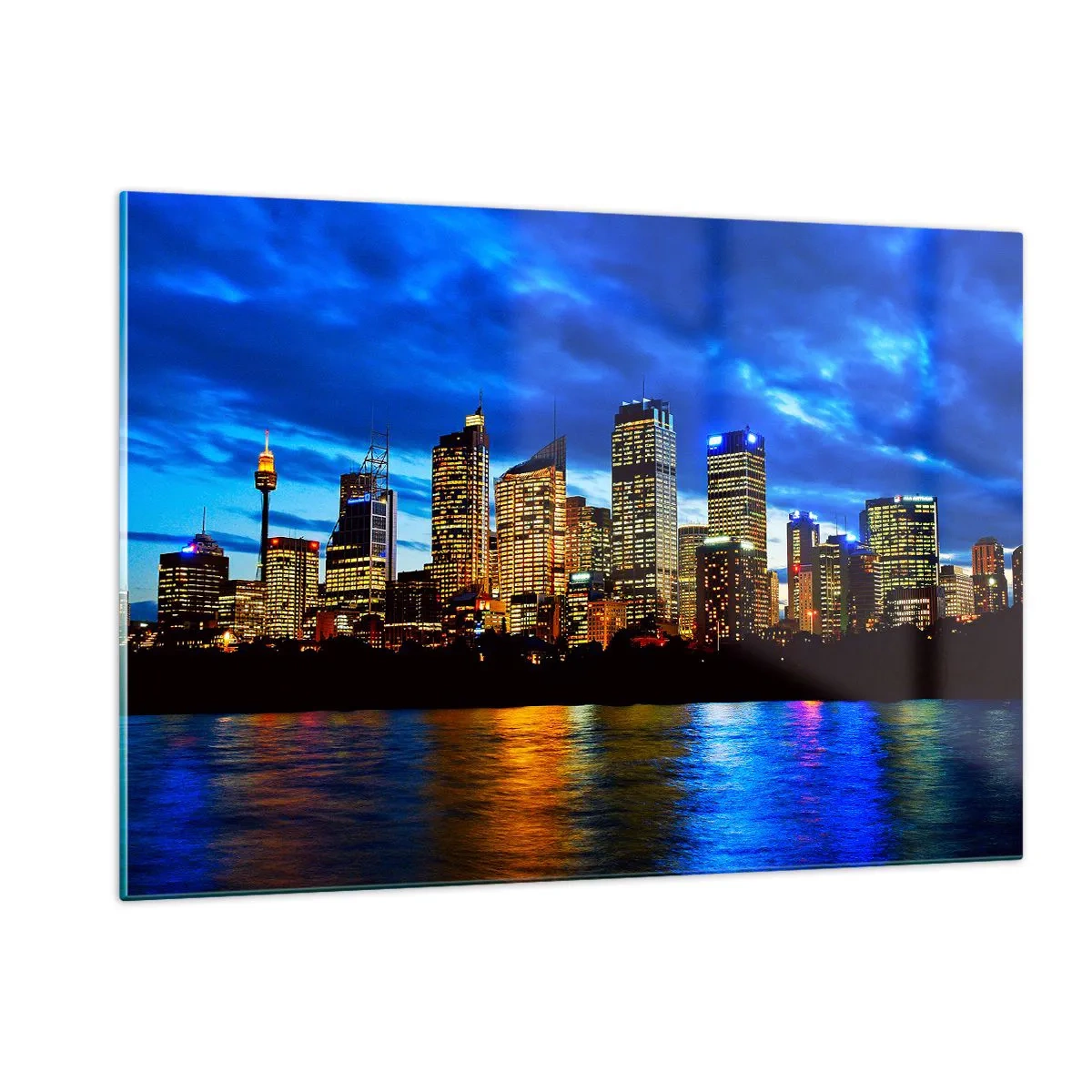 Impression sur verre - Image sur verre - Panorama de la ville nocturne reflétée dans l'eau - 120x80cm - Une nuit de lumières et de couleurs - Décoration murale moderne pour le salon et la chambre ARTTOR
