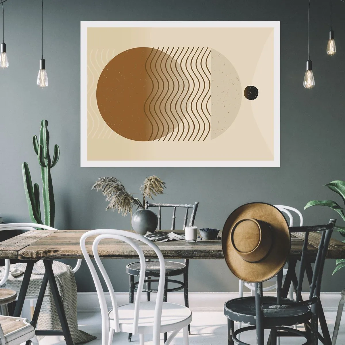 Affiche - Poster - Abstraction géométrique avec des cercles et des lignes ondulées aux couleurs chaudes. - 100x70cm - Sur l'origine des figures géométriques - Décoration murale moderne pour le salon et la chambre ARTTOR