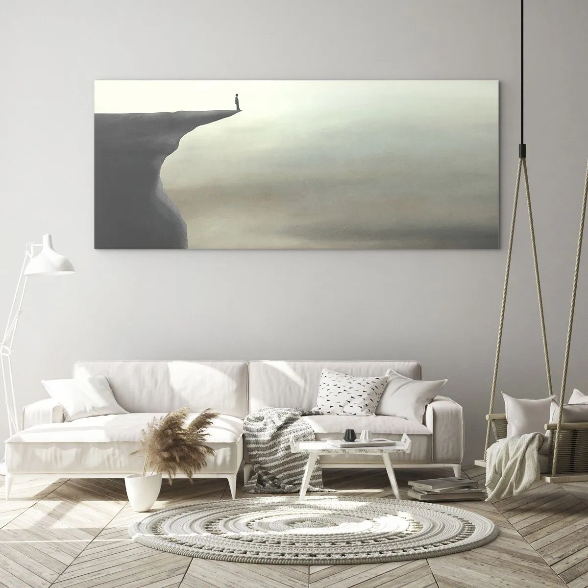 Impression sur verre - Image sur verre - Silhouette d'une figure au bord d'une falaise dans un paysage brumeux - 140x50cm - Tout en haut, bien entendu! - Décoration murale moderne pour le salon et la chambre ARTTOR