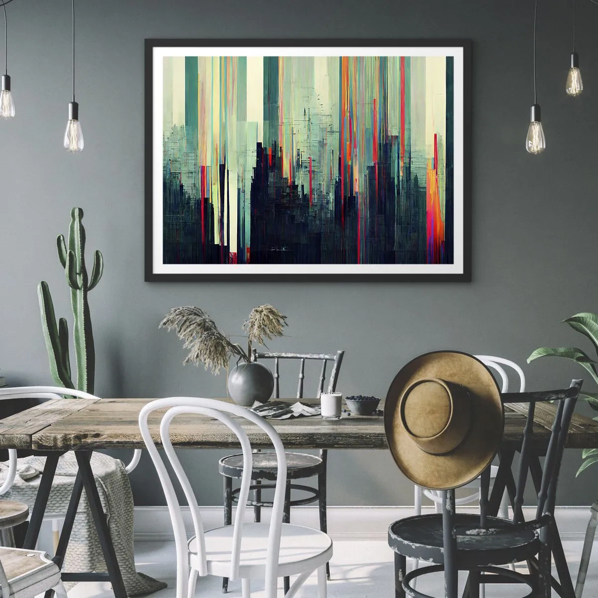 Affiche dans un cadre noir - Poster - Abstraction avec des lignes verticales et un horizon urbain - 70x50cm - Ville futuriste - Décoration murale moderne pour le salon et la chambre ARTTOR