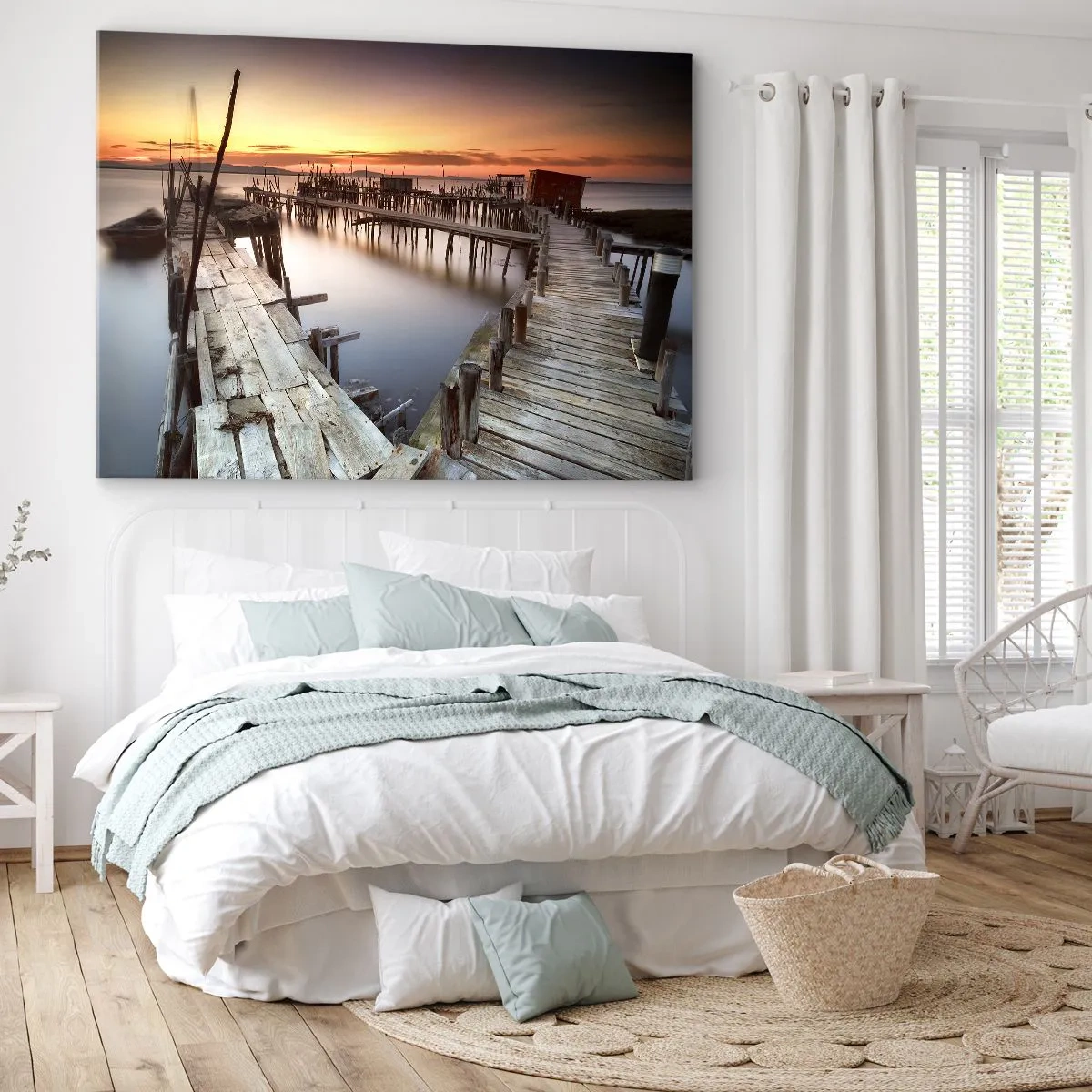 Impression sur toile - Image sur toile - Jetées en bois sur une eau calme au coucher du soleil - 70x50cm - Authentique, pas un attrape touristique - Décoration murale moderne pour le salon et la chambre ARTTOR