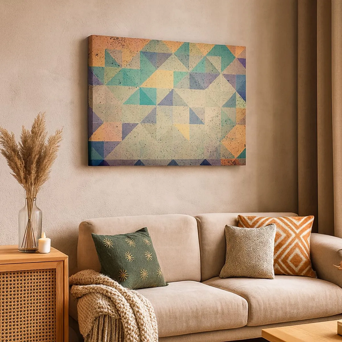 Impression sur toile - Image sur toile - Une composition colorée de triangles géométriques dans des tons pastel. - 70x50cm - République des triangles - Décoration murale moderne pour le salon et la chambre ARTTOR