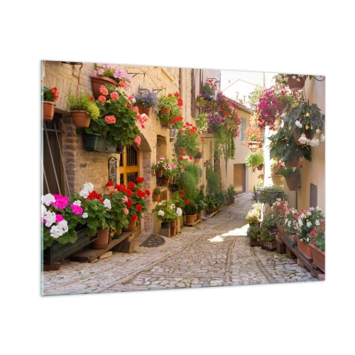 Impression sur verre - Image sur verre - Une rue pittoresque avec des fleurs en pot - 100x70cm - Une inondation de fleurs  - Décoration murale moderne pour le salon et la chambre ARTTOR