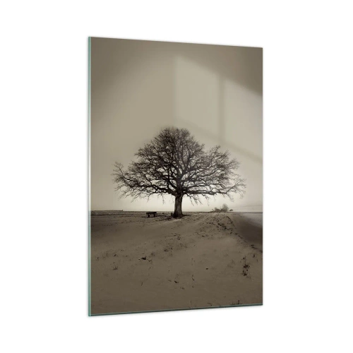 Impression sur verre - Image sur verre - Un arbre solitaire dans un paysage monochrome - 50x70cm - D'ici à l'éternité - Décoration murale moderne pour le salon et la chambre ARTTOR