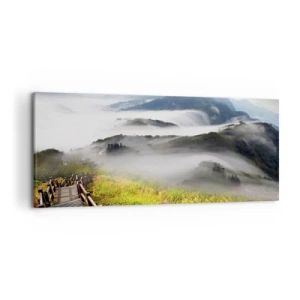 Impression sur toile - Image sur toile - Un chemin en bois parmi les montagnes brumeuses le matin - 120x50cm - Tissé d'éblouissement et de brouillard - Décoration murale moderne pour le salon et la chambre ARTTOR