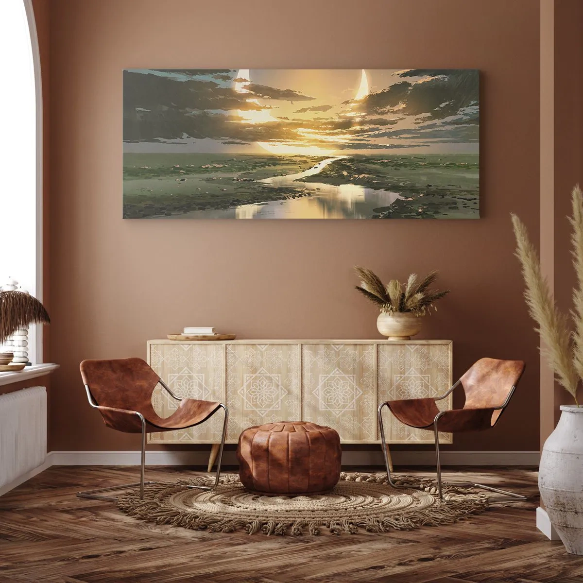 Impression sur toile - Image sur toile - Un paysage fantastique avec deux lunes à l'horizon - 160x50cm - Quelque part dans une galaxie lointaine, très lointaine - Décoration murale moderne pour le salon et la chambre ARTTOR