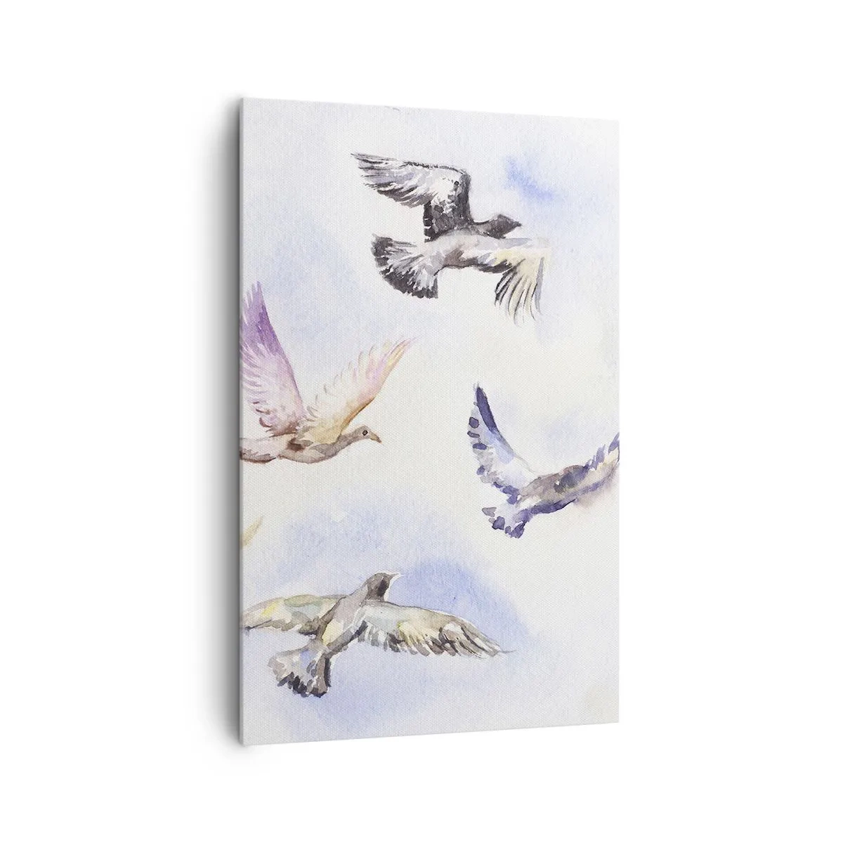 Impression sur toile - Image sur toile - Oiseaux à l'aquarelle en vol sur un ciel délicat - 80x120cm - Liberté en gris et bleu - Décoration murale moderne pour le salon et la chambre ARTTOR