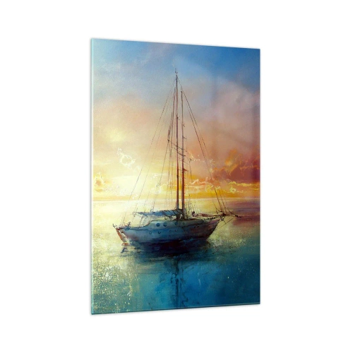 Impression sur verre - Image sur verre - Un yacht sur une mer calme au coucher du soleil - 70x100cm - Dans une baie dorée - Décoration murale moderne pour le salon et la chambre ARTTOR