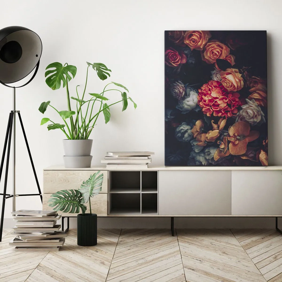 Impression sur toile - Image sur toile - Un bouquet de fleurs variées aux tons sombres - 80x120cm - Comme chez les maîtres hollandais - Décoration murale moderne pour le salon et la chambre ARTTOR