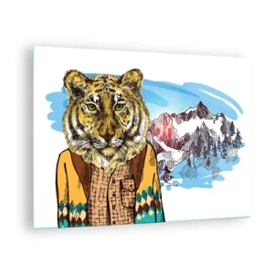 Impression sur verre - Image sur verre - Un tigre en gilet sur fond de paysage montagneux - 70x50cm - Pas aussi sauvage qu'ils le décrivent - Décoration murale moderne pour le salon et la chambre ARTTOR