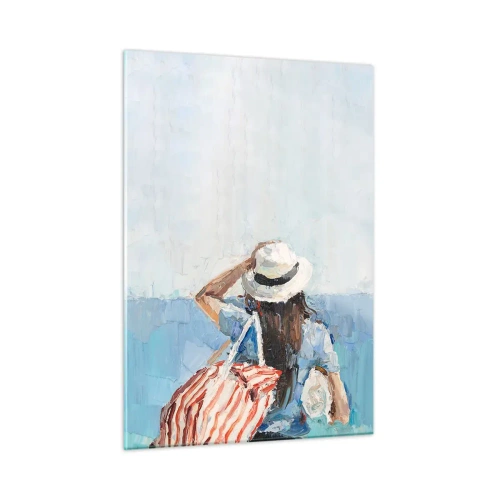 Impression sur verre - Image sur verre - Une femme avec un sac rayé regardant la mer par une journée ensoleillée. - 50x70cm - Bienvenue à vos vacances - Décoration murale moderne pour le salon et la chambre ARTTOR