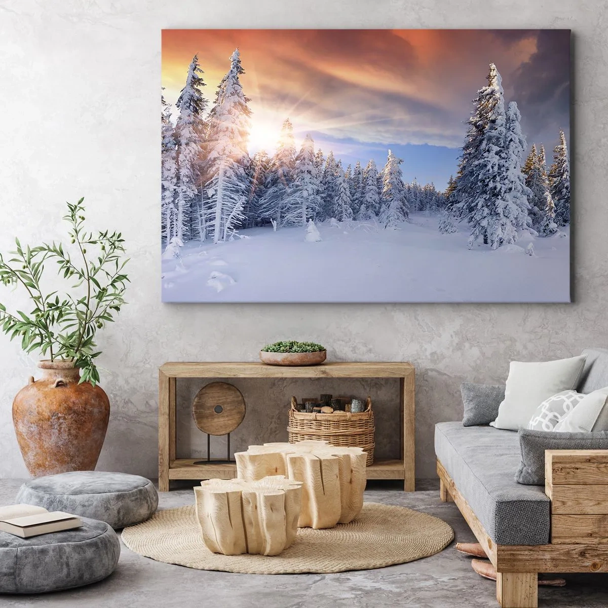 Impression sur toile - Image sur toile - Paysage d'hiver avec une forêt enneigée au coucher du soleil - 120x80cm - Un spectacle enneigé de la nature - Décoration murale moderne pour le salon et la chambre ARTTOR