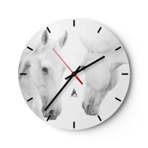 Horloge murale - Pendule murale - Deux chevaux blancs se tenant l'un en face de l'autre sur un fond blanc - 30x30cm - Serait-ce de l’amitié? - Décoration murale moderne pour le salon, la cuisine et la chambre ARTTOR