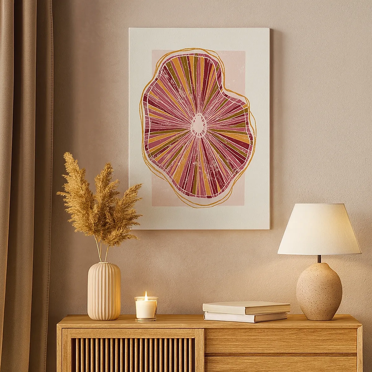 Impression sur toile - Image sur toile - Motif abstrait de tranches d'arbre dans des tons roses - 50x70cm - Abstraction rayonnante - Décoration murale moderne pour le salon et la chambre ARTTOR