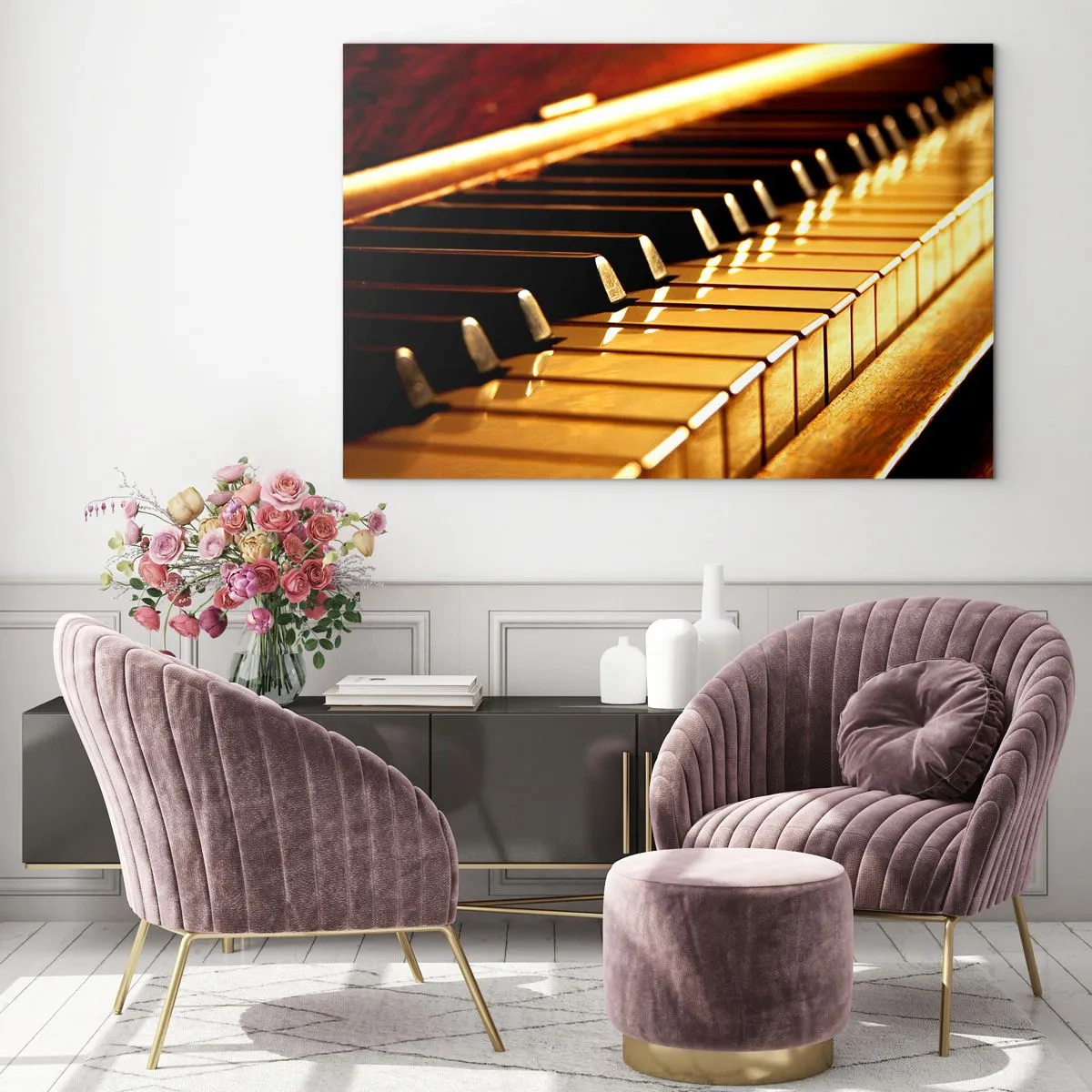 Impression sur verre - Image sur verre - Gros plan des touches du piano dans une lumière chaude - 70x50cm - Des possibilités infinies - Décoration murale moderne pour le salon et la chambre ARTTOR