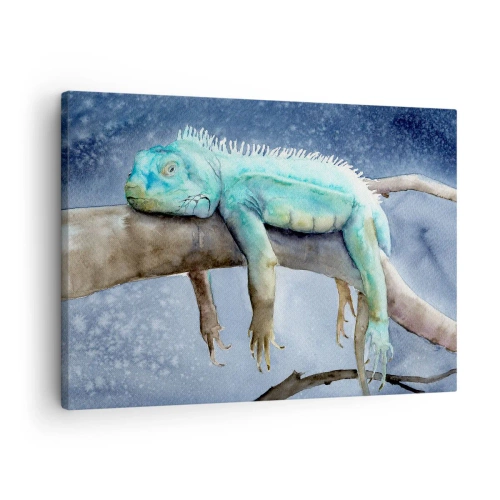 Impression sur toile - Image sur toile - Iguane bleu reposant sur une branche - 70x50cm - Tout va bien! - Décoration murale moderne pour le salon et la chambre ARTTOR