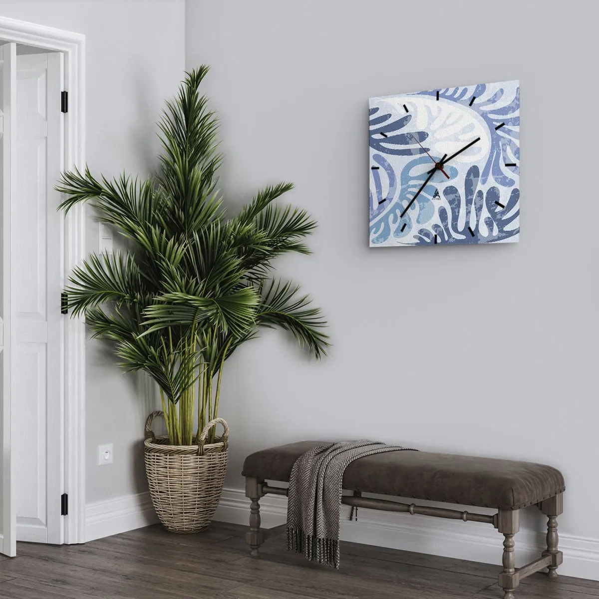 Horloge murale - Pendule murale - Formes abstraites dans des tons de bleu sur fond blanc - 30x30cm - Fougères bleues - Décoration murale moderne pour le salon et la chambre ARTTOR
