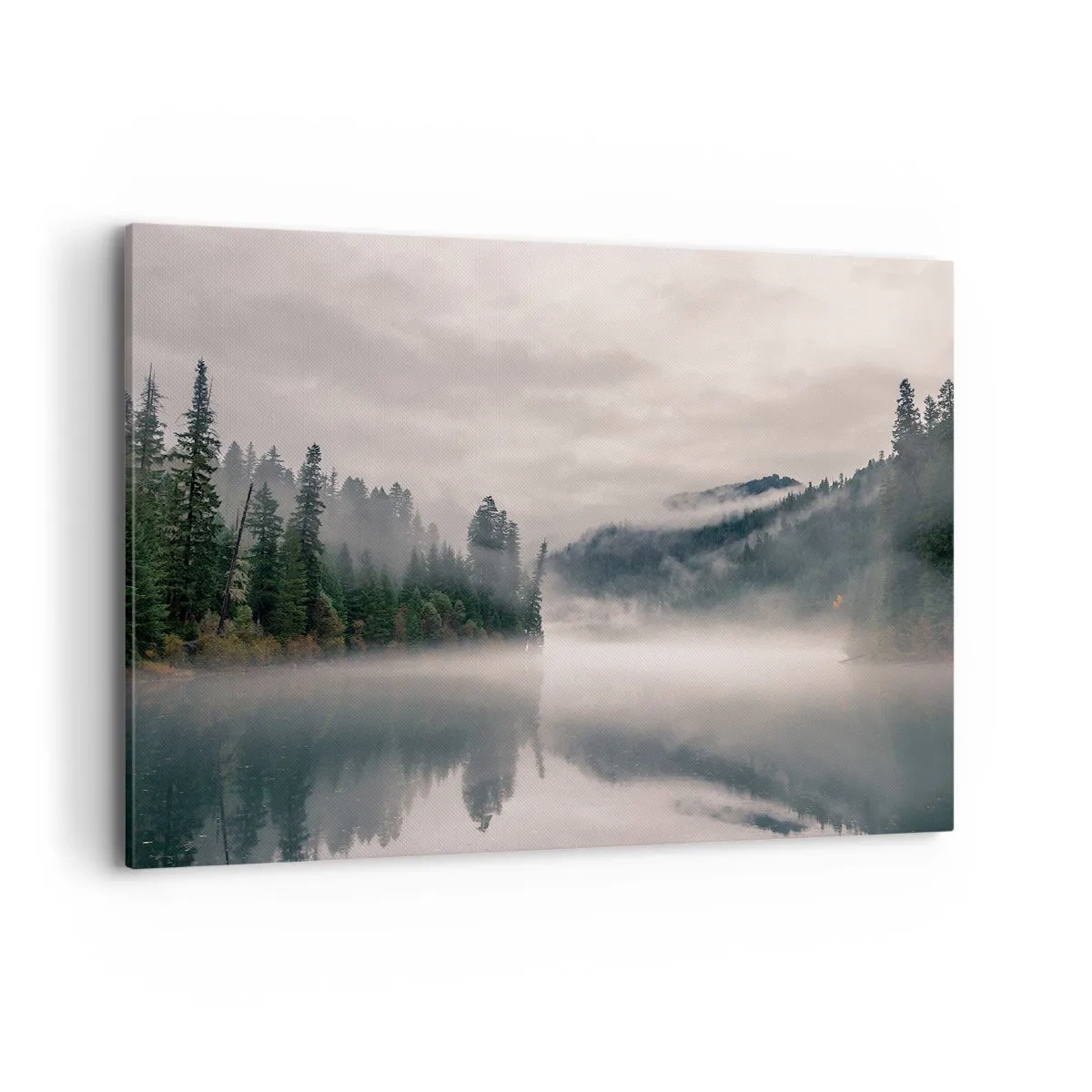Impression sur toile - Image sur toile - Une forêt brumeuse se reflétant dans un lac calme - 100x70cm - Reflet dans le brouillard - Décoration murale moderne pour le salon et la chambre ARTTOR