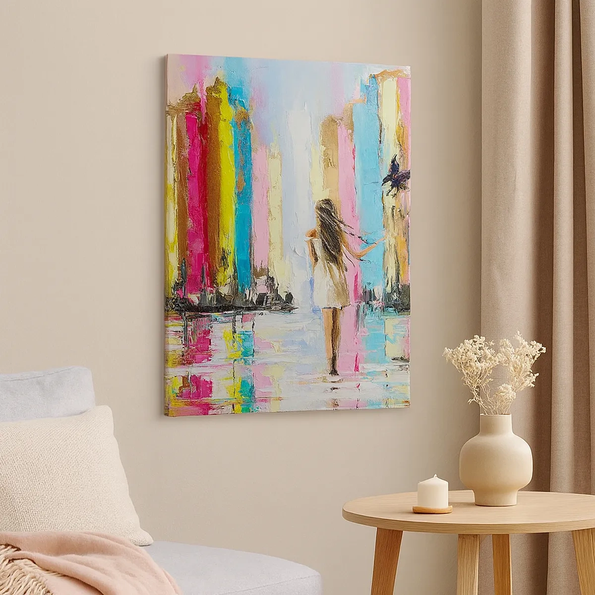 Impression sur toile - Image sur toile - Une ville colorée et une femme en robe blanche avec un oiseau - 50x70cm - Viens avec moi - Décoration murale moderne pour le salon et la chambre ARTTOR