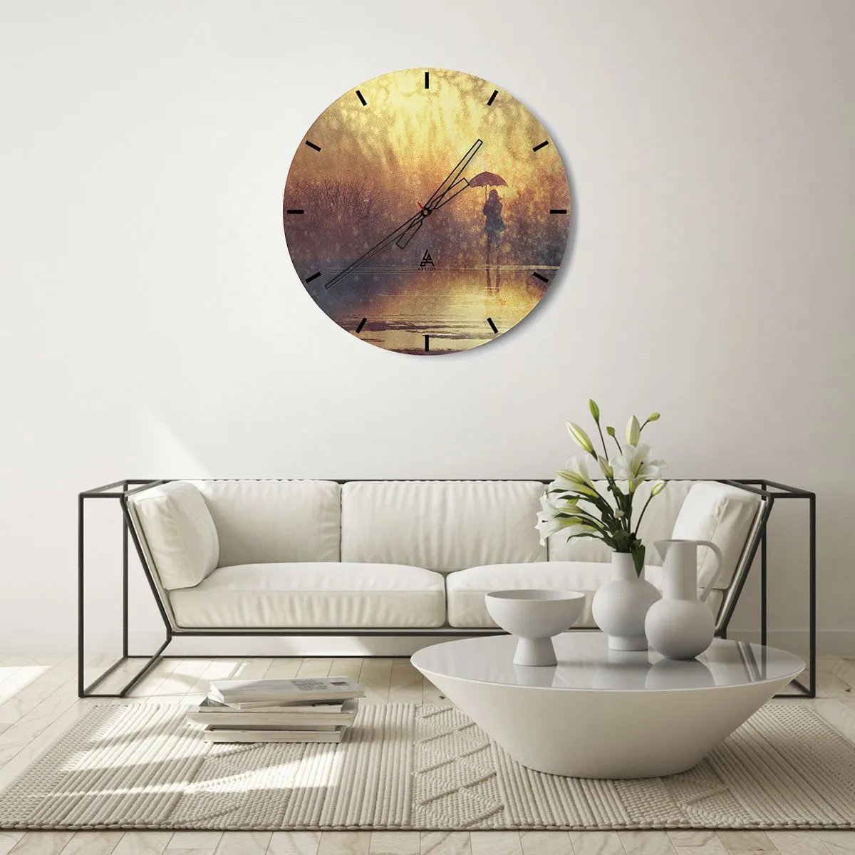 Horloge murale - Pendule murale - Une silhouette avec un parapluie sur fond de pluie et de lumière chaude - 30x30cm - Je sens que quelqu'un me regarde - Décoration murale moderne pour le salon, la cuisine et la chambre ARTTOR