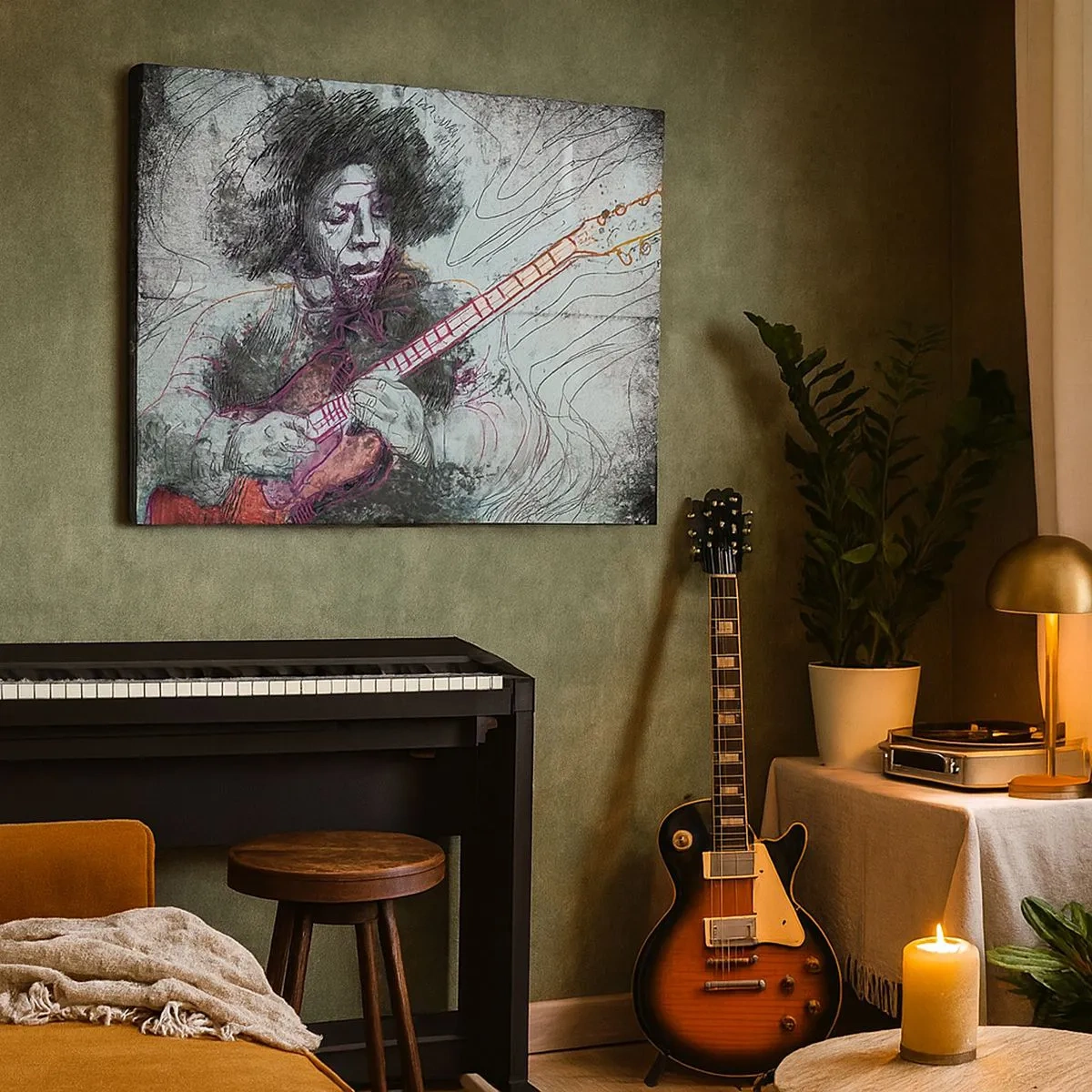 Impression sur toile - Image sur toile - Portrait artistique d'un guitariste en technique d'esquisse - 70x50cm - Sur les vagues de la musique - Décoration murale moderne pour le salon et la chambre ARTTOR