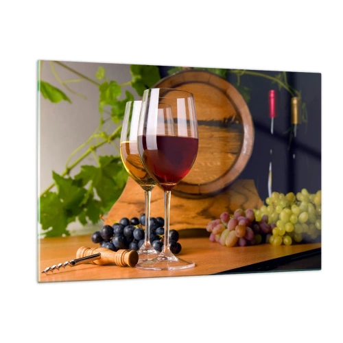 Impression sur verre - Image sur verre - Verres de vin, raisins et un tonneau sur fond de feuilles de vigne - 120x80cm - Comme les vieux maîtres - Décoration murale moderne pour le salon et la chambre ARTTOR