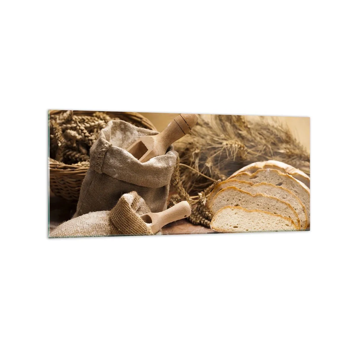 Impression sur verre - Image sur verre - Un paysage avec du pain, de la farine et des épis de blé dans un style rustique. - 120x50cm - Comment il coupe avec un couteau - Décoration murale moderne pour le salon et la chambre ARTTOR