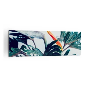Impression sur toile - Image sur toile - Fleur de Strelitzia entourée de feuilles sous une lumière vive - 160x50cm - Le buisson oiseaux - Décoration murale moderne pour le salon et la chambre ARTTOR