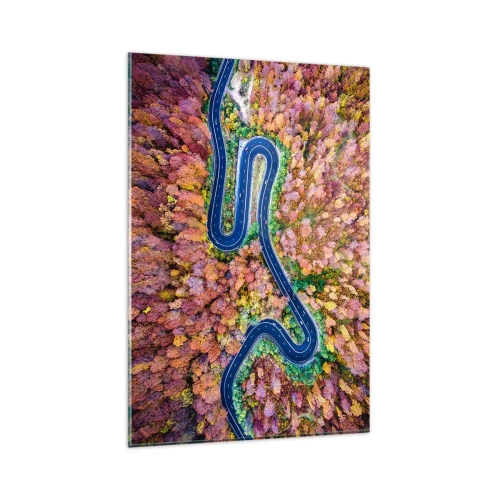 Impression sur verre - Image sur verre - Une route sinueuse dans une forêt d'automne vue à vol d'oiseau - 80x120cm - Route sinueuse à travers la forêt - Décoration murale moderne pour le salon et la chambre ARTTOR