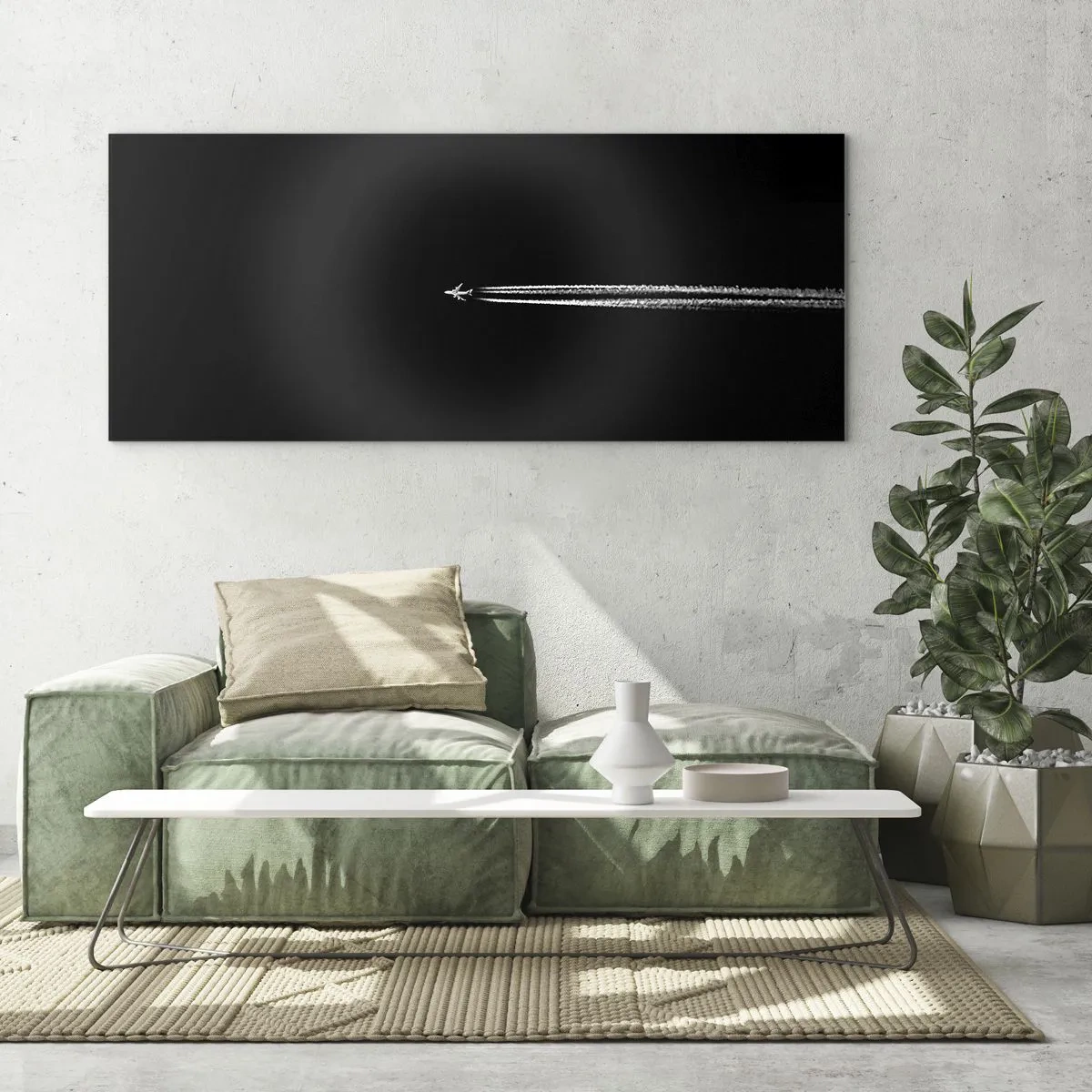 Impression sur verre - Image sur verre - Un avion à réaction avec une traînée de condensation visible sur fond noir - 160x50cm - Dans une autre dimension - Décoration murale moderne pour le salon et la chambre ARTTOR