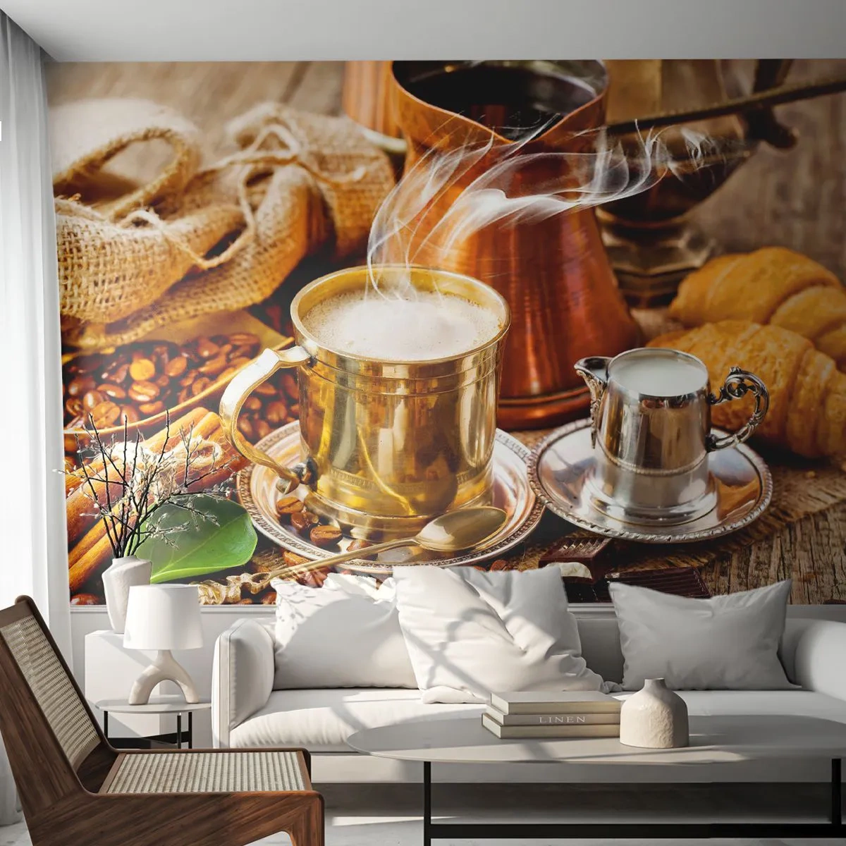 Papier Peint Photo Premium Sand - Café au lait, croissants et épices sur une table en bois - 100x70cm - Bonne journée! - Décoration murale moderne pour le salon et la chambre ARTTOR