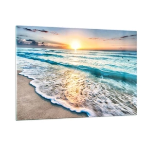 Impression sur verre - Image sur verre - Plage le matin avec vagues et lever de soleil - 120x80cm - Une vue qui en vaut la peine - Décoration murale moderne pour le salon et la chambre ARTTOR