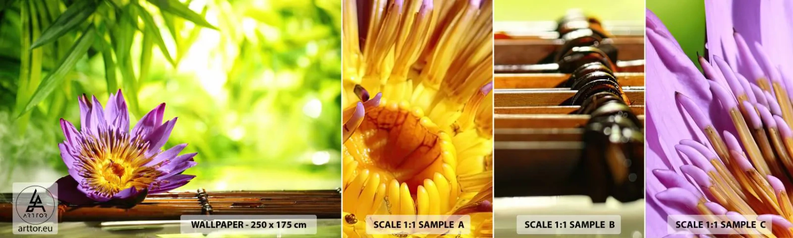 Échantillon de Papier Peint Autocollant Deluxe Sticker - Sous le soleil asiatique - Fleur, fleur de lotus, Bambou - 100x30 cm